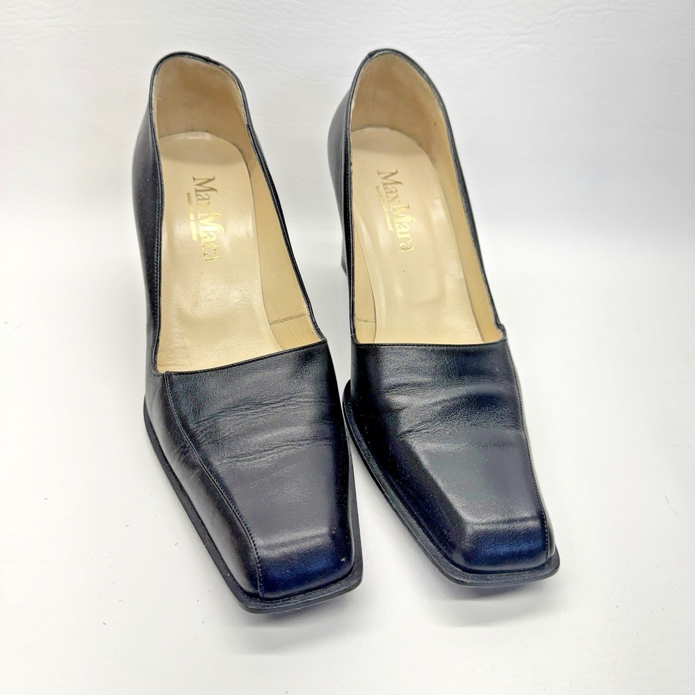Max Mara Leather Pumps Womens 38.5 Black Square Toe Block Heel Italian Designer